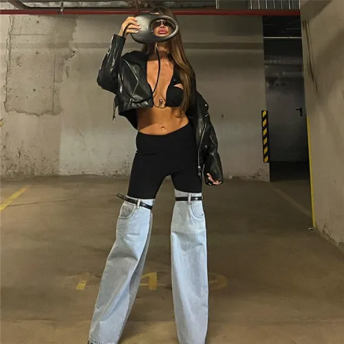 Design sense patchwork jeans with high waist, straight tube, wide legs, high-end personalized and unique pants