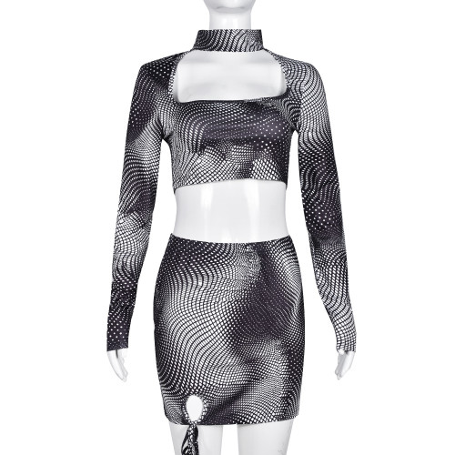 Open navel hollow lace up sexy long sleeved short skirt two-piece set