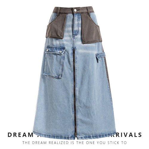 Design contrast color patchwork A-line skirt mid length 7-point skirt