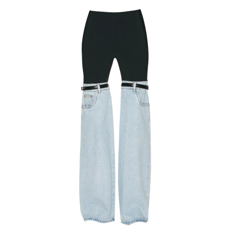 Design sense patchwork jeans with high waist, straight tube, wide legs, high-end personalized and unique pants