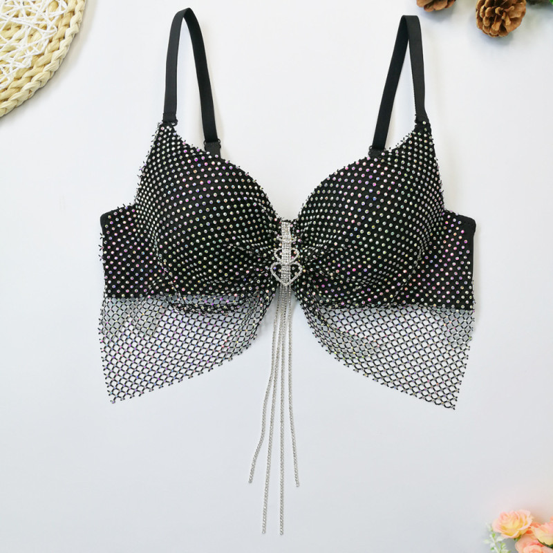 Sexy and fun lingerie, fishing net and diamond inlaid stage bra, colorful butterfly bra, love diamond pendant, tassel strap