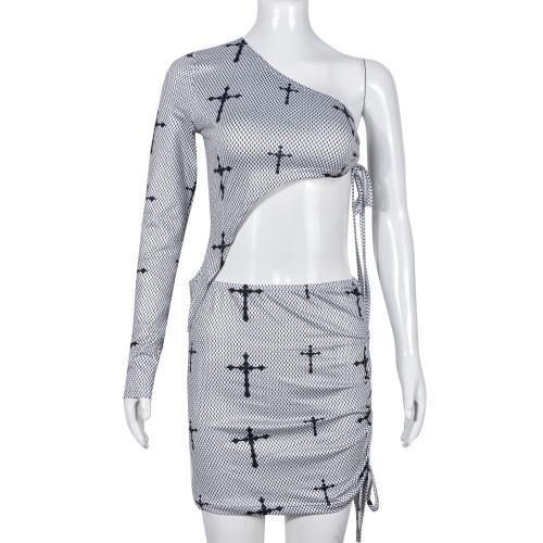 Women's lace up hollowed out navel cross printed short skirt two-piece set