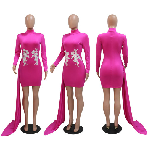 Fashionable round neck solid color long sleeved dress with floor sweeping skirt hem and three-dimensional floral design at the waist