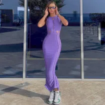 Fashionable solid color hollow out slim fitting round neck sleeveless dress