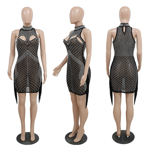 Sexy Perspective Hot Diamond Dress Fashionable Tassel hem Wrapped Hip Slim Fit Dress