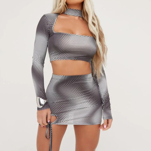 Open navel hollow lace up sexy long sleeved short skirt two-piece set