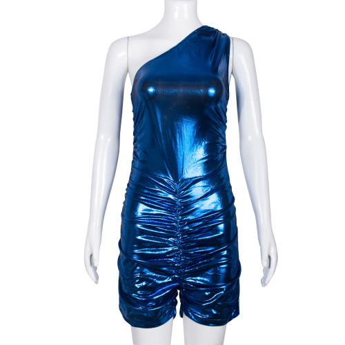 Diagonal shoulder pleated sexy hollow tight metal jumpsuit