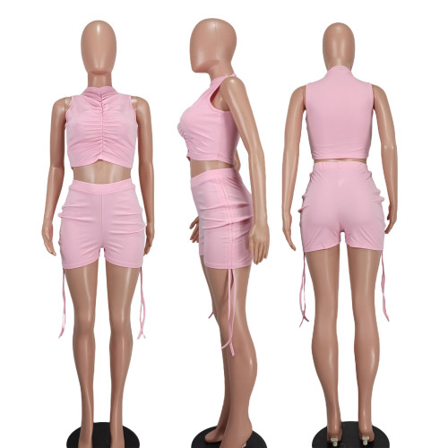 Fashion casual drawstring solid color two-piece set