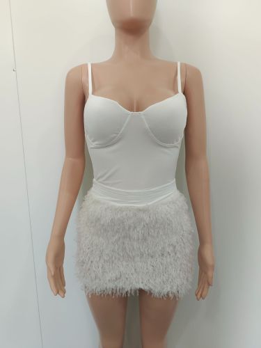 Solid color suspender jumpsuit with plush bottom dress set including chest pad