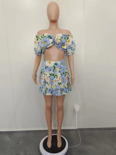 Printed ear edge short sleeved top+pleated skirt set in three colors available
