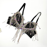 Sexy Open Back Wrapped Chest Ultra Short Strap Heavy Work Beaded Underwear Tassel Rhinestone Triangle Cup Fish Bone Chest