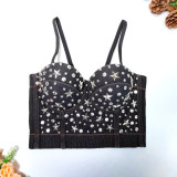 Trendy denim studded bead strap with steel rings and fish bones wrapped around the body, small stars and diamond bra