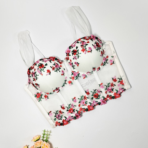 French mesh fishbone suspender tank top for women with sexy bras and a unique waistband for wearing on the outside. Sweet and spicy top