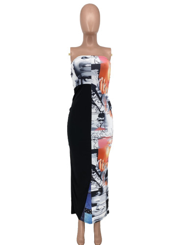 Printed Spliced Split Wrap Chest Dress