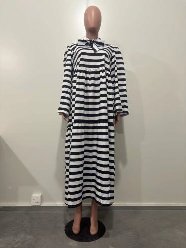 High definition printed high neck tie up patchwork dress with large swing skirt