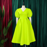 Fashion V-neck Bubble Sleeve Large Dress