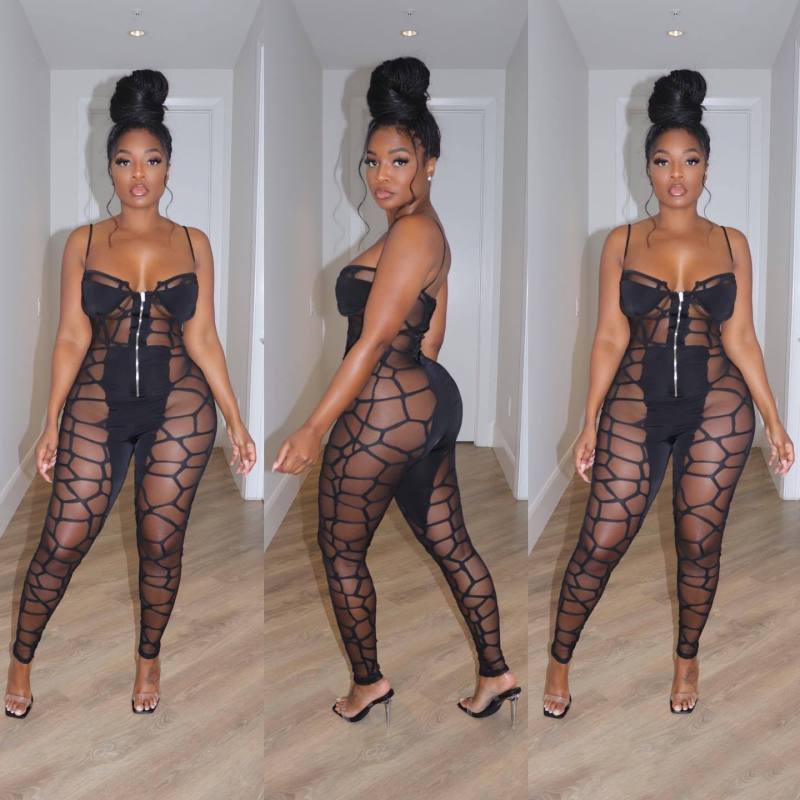 Fashionable and Sexy Irregular Mesh Mesh Spliced Sling Jumpsuit