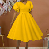Fashion V-neck Bubble Sleeve Large Dress
