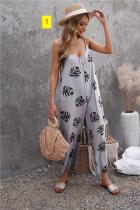 Women's suspenders, straps, printed jumpsuit, jumpsuit pants