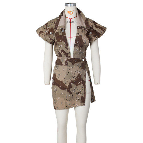 Women's casual worn-out heavy washed sleeveless high split camouflage casual set