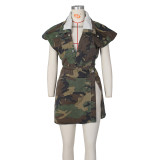 Women's casual worn-out heavy washed sleeveless high split camouflage casual set