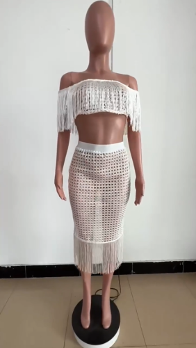 Women's casual short sleeved fringed beach skirt set