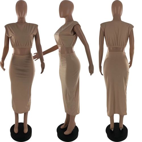 Sleeveless Shoulder Pad T-shirt One Step Dress Solid Two Piece Set