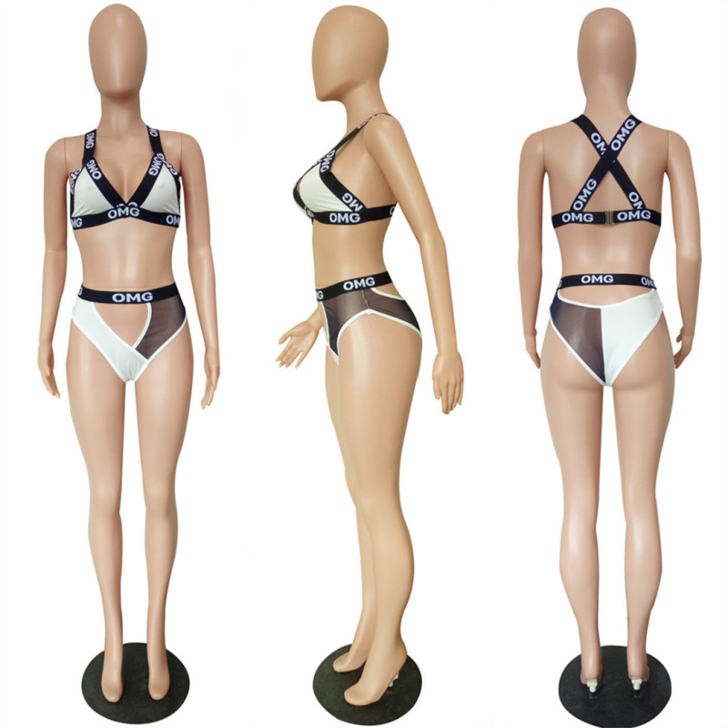 Solid sexy split letter bikini swimsuit two-piece set