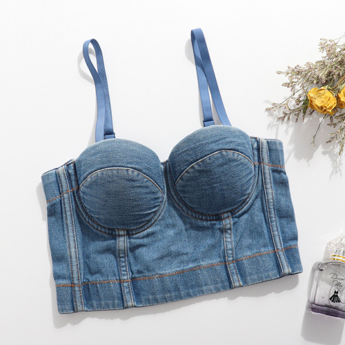 Denim suspender vest, women's beautiful back, exposed navel, no underwear, wearing fish bone top, versatile nightclub dance bra