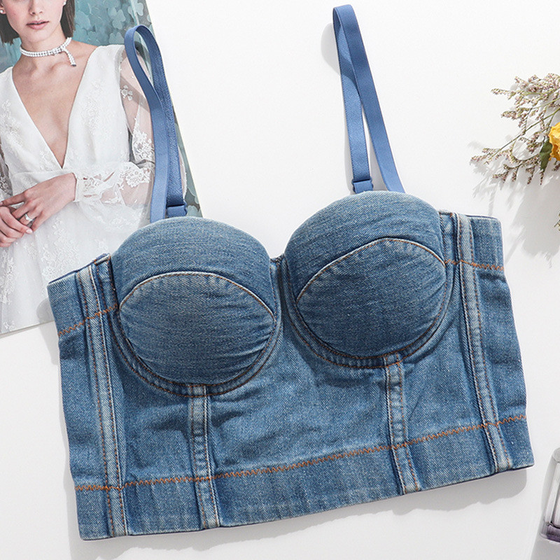 Denim suspender vest, women's beautiful back, exposed navel, no underwear, wearing fish bone top, versatile nightclub dance bra