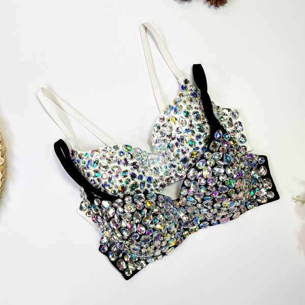 Sexy Diamond Bead Wrapped Chest Nightclub Spicy Girl Shaping Bra Short Large Open Back Fun Underwear for External Wear