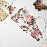 Styling and shaping rose print wrap chest, sweet and cute style mesh bra, short open back pleated suspender, no underwear