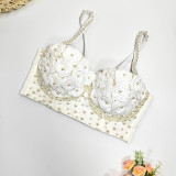 3D Rose Blossom Pearl Fishbone Chest Waist length Short Shaped Wrap up Vest Style Bra