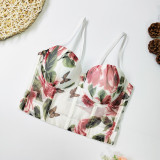 Styling and shaping rose print wrap chest, sweet and cute style mesh bra, short open back pleated suspender, no underwear