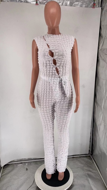 Fashionable Hollow Elastic Bubble Grid Sexy Sleeveless Set