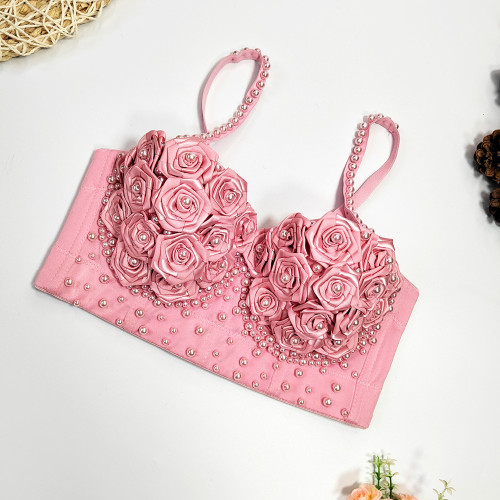 3D Rose Blossom Pearl Fishbone Chest Waist length Short Shaped Wrap up Vest Style Bra