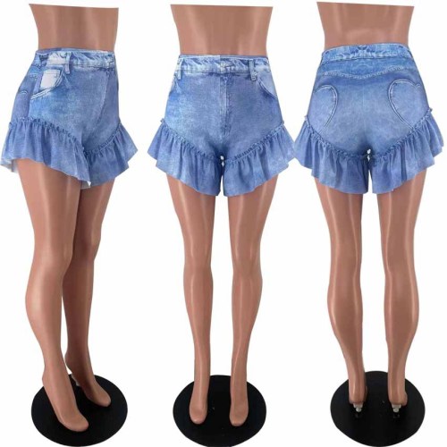 Sexy ruffled denim patterned shorts