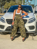 Strap camouflage pants printed loose fitting jumpsuit