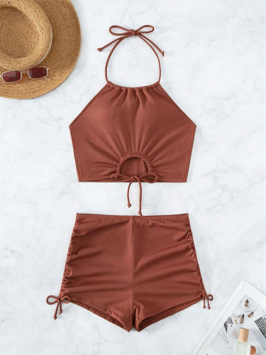 Solid color suspender split body swimsuit for women's foreign trade flat angle sports beach bikini swimsuit