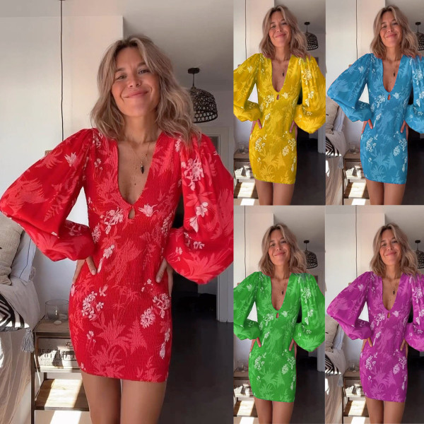 Pleated Long Sleeve Sexy V-Neck Dress Casual Loose Vacation Wrap Hip Dress
