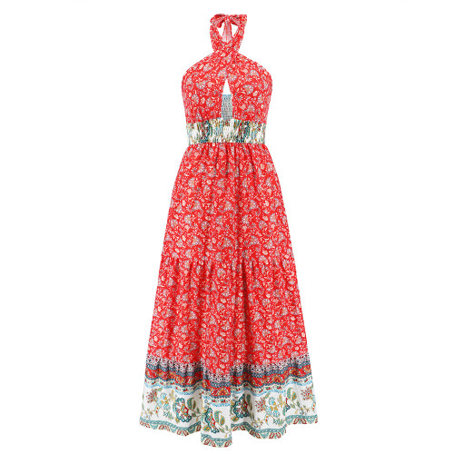 Sexy Cross Strap Hanging Neck Dress Bohemian Vintage Fragmented Flower Dress
