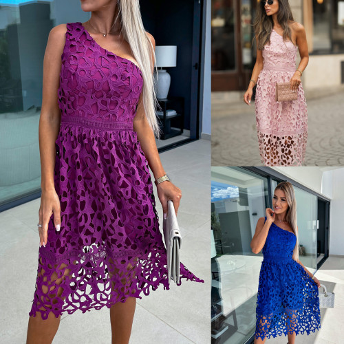 Lace sloping shoulder casual dress Multi color dress