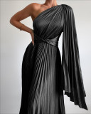 Slanted shoulder pleated casual dress loose holiday party long women's dress