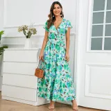 V-neck Ruffle Sleeve Dress Bohemian Printed Long Dress