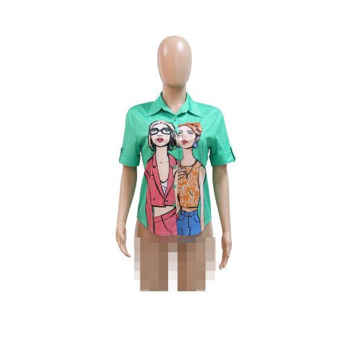 Fashion printed top casual square neck short sleeved loose fitting top