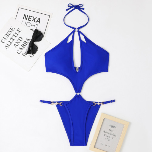 One Piece Multi Color Hollow Sexy Pearl Chain Neck Swimsuit