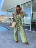 Casual Deep V Solid Silk Waist Lace Up Straight Trouser Set