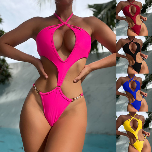 One Piece Multi Color Hollow Sexy Pearl Chain Neck Swimsuit