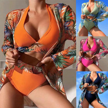 High waisted multi-color printed long sleeved three piece bikini split swimsuit