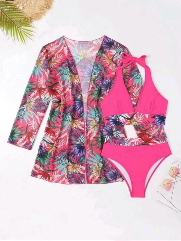 High waisted multi-color printed long sleeved three piece bikini split swimsuit